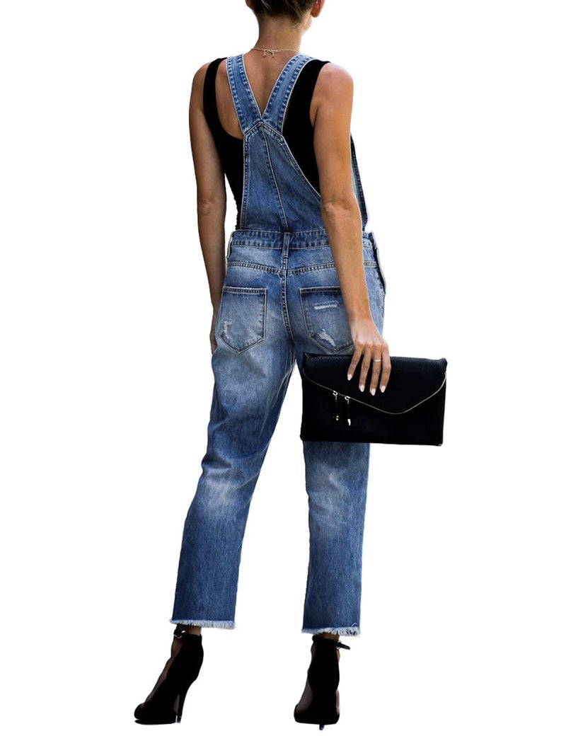 luvamia Women's Casual Distressed Adjustable Denim Bib Overalls Jeans Pants Jumpsuits Denim Blue Size X-Large - Image 2